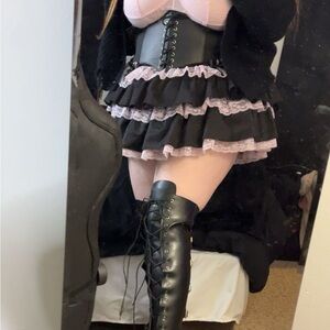Black and Pink Lace Trim Skirt